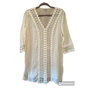 Blue Island White Cotton Boho Lace Cover Up - Size Small
